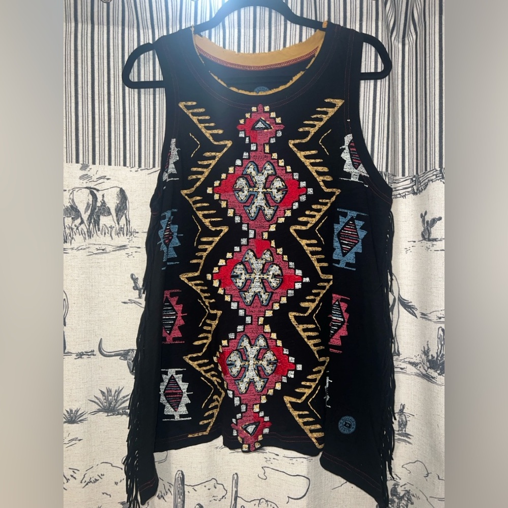 Double D Ranch Black Fringe & Aztec Embroidered Tank - Medium